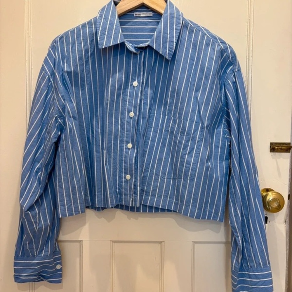 Bershka Sky Blue and Cream Striped Tee